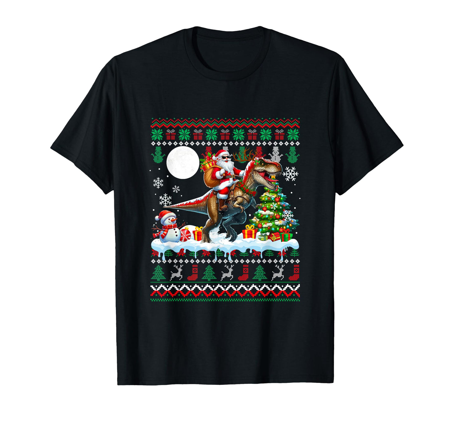 Santa Sunglasses Riding T-Rex Christmas Sweater Snowman T-Shirt