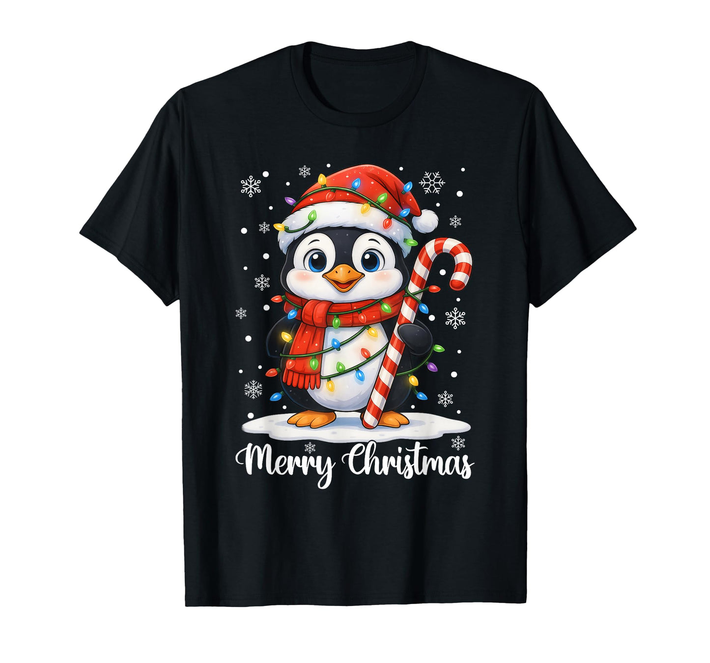 Merry Christmas Penguin Santa Hat Xmas Light Gift Boys Men T-Shirt