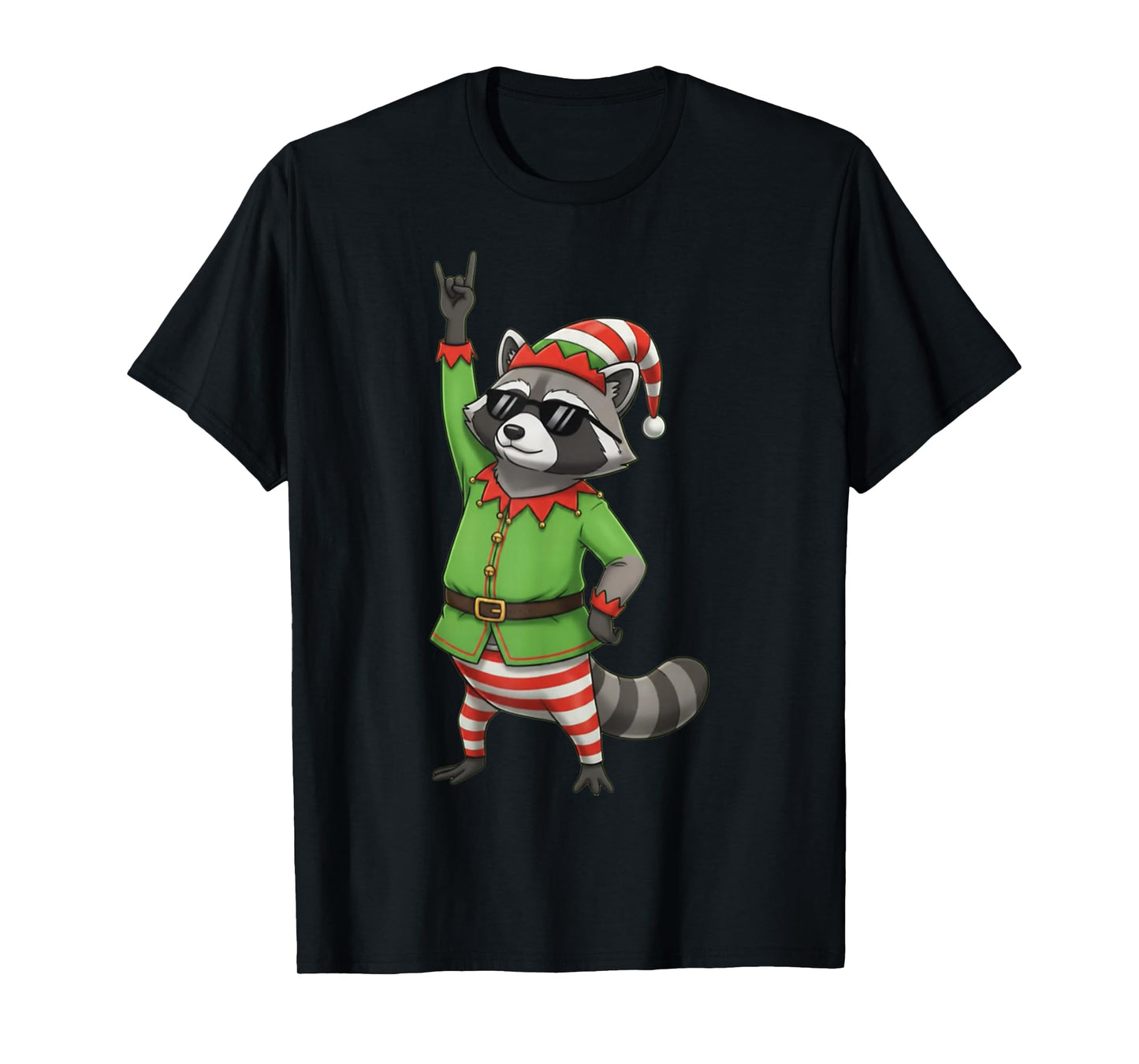 Funny Christmas Raccoon Dressed as Elf with Sunglasses T-Shirt