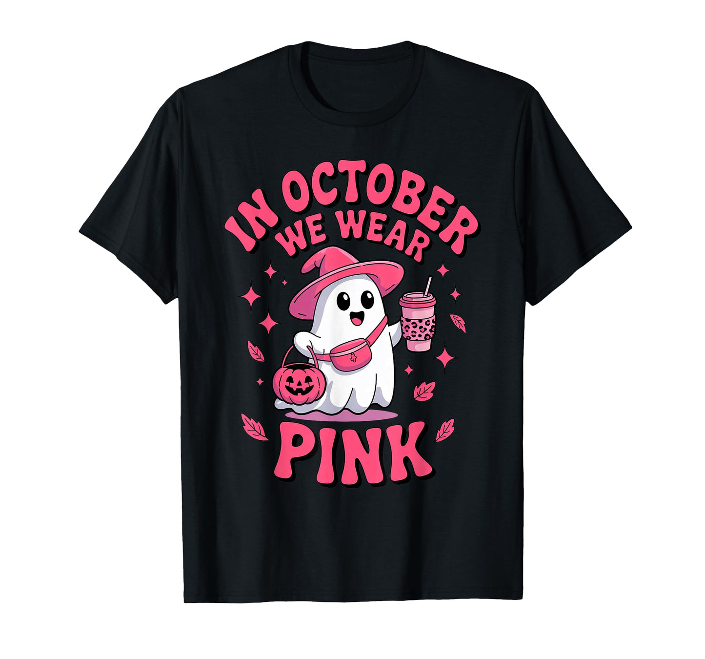 Cute Ghost Drinking Coffee in October We Wear Pink Costume T-Shirt