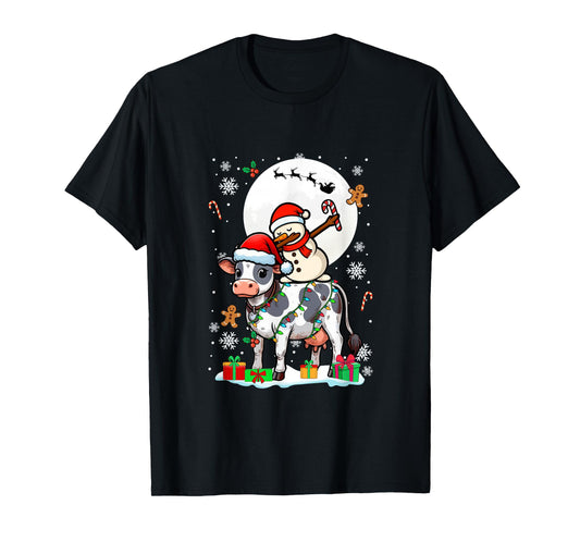 Dabbing Snowman On Cow Christmas Santa Colorful Lights T-Shirt