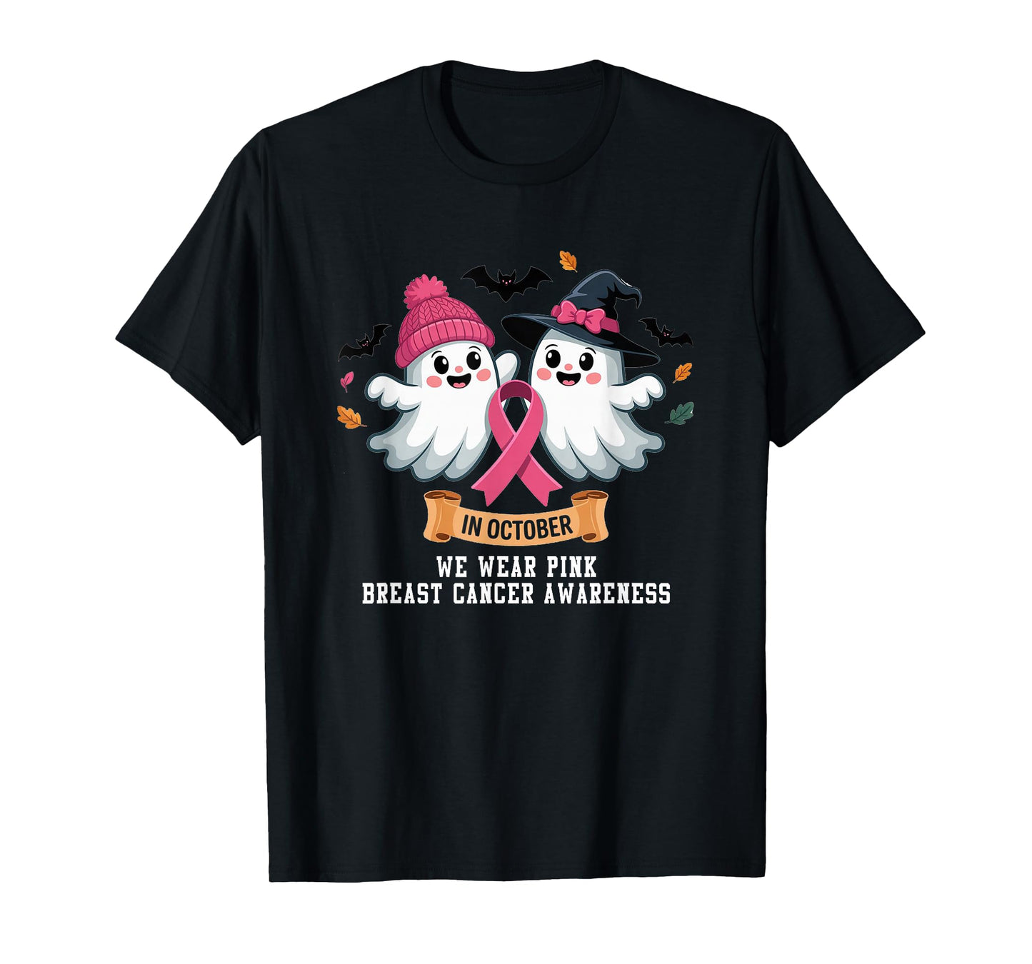 in October We Wear Pink Ghost Witch Breast Cancer Awareness T-Shirt