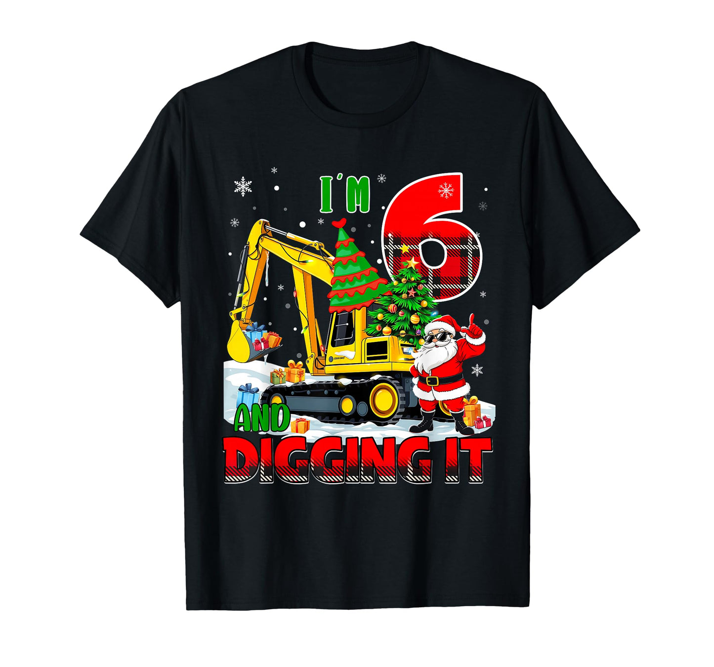 I'm 6 Construction 6th Birthday Kid Boy Xmas Excavator Santa T-Shirt