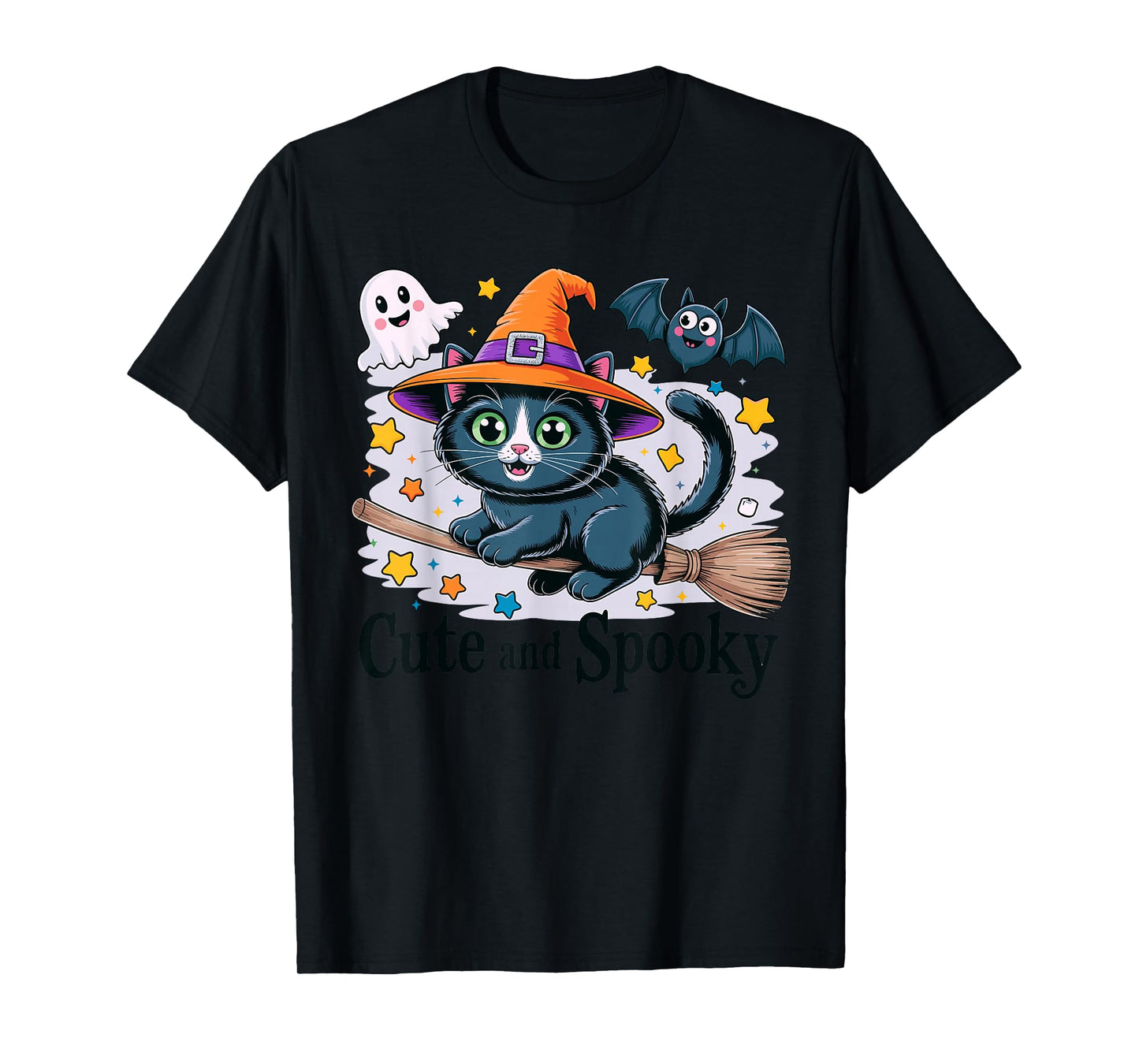 Adorable Halloween Witch Cat On Broom with Spooky Ghost T-Shirt