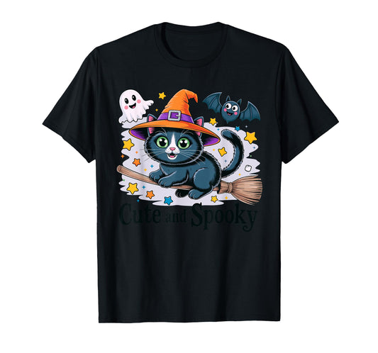 Adorable Halloween Witch Cat On Broom with Spooky Ghost T-Shirt