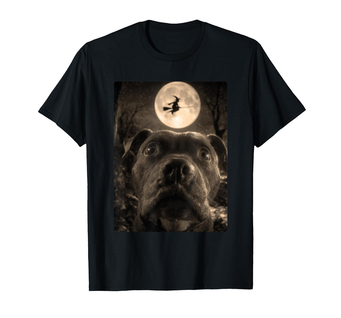 Funny Pit Bull Selfie Full Moon Flying Witch Halloween Dog T-Shirt