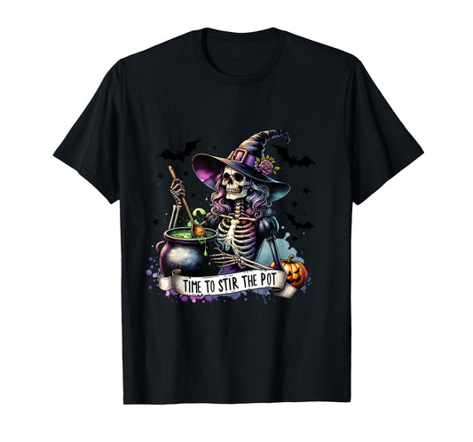 Time To Stir the pot Skeleton Woman Witch Halloween Pin-Up T-Shirt