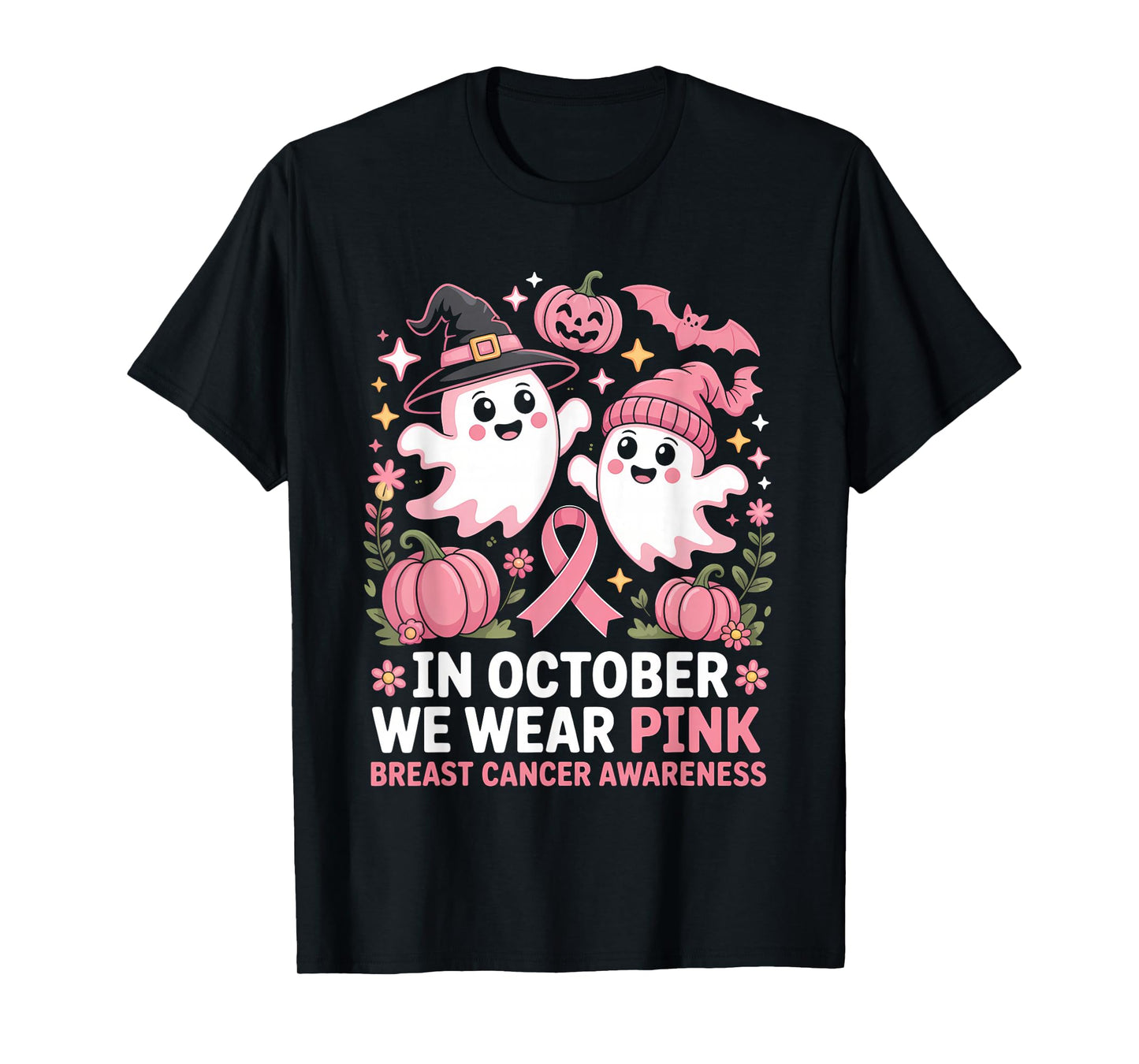 in October We Wear Pink Ghost Witch Breast Cancer Awareness T-Shirt