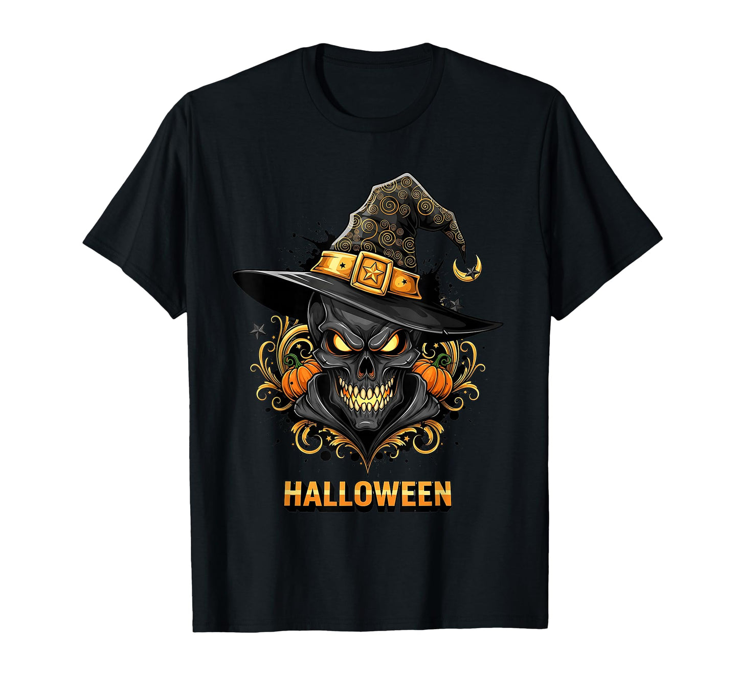 Spooky Skull Witch Hat Halloween Horror Scary Costume T-Shirt