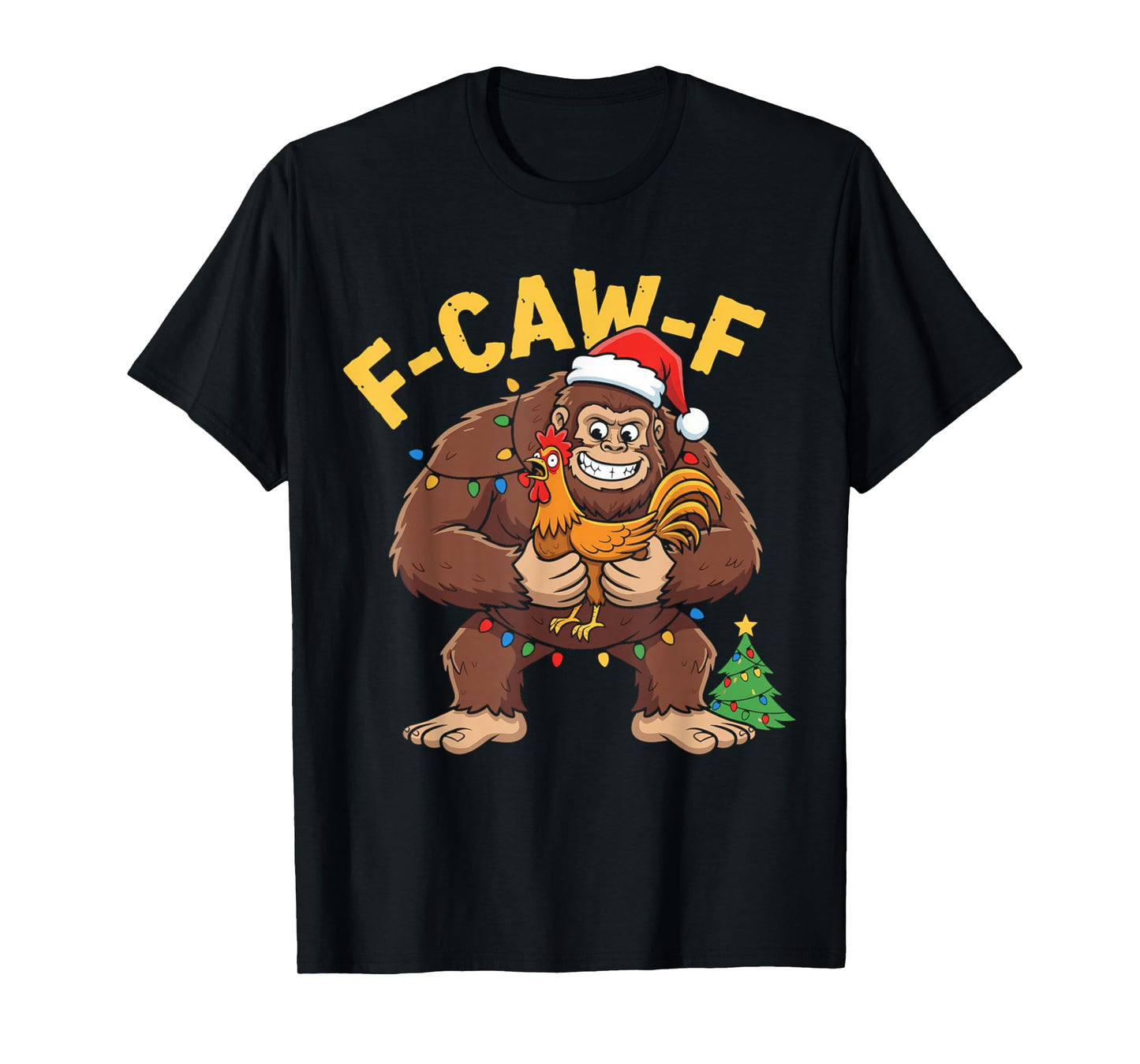 Funny Christmas Bigfoot Holding Chicken Design T-Shirt