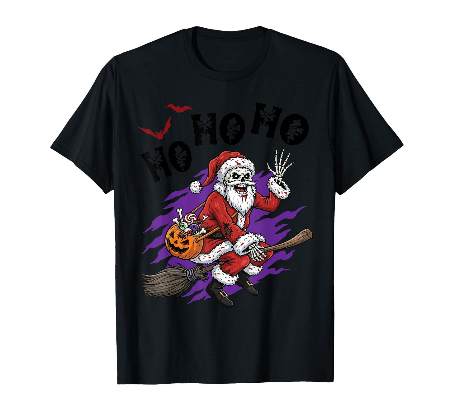 Skeleton Santa On Broom with Candy Bucket Halloween HO HO HO T-Shirt