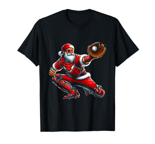Santa Playing Baseball Catcher Merry Christmas Sport Player T-Shirt