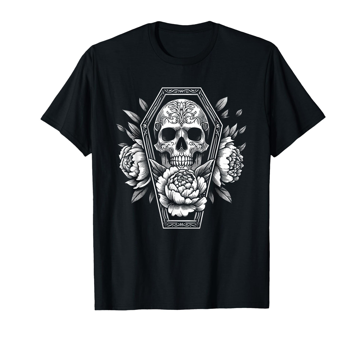 Goth Skull and Roses in Coffin Halloween Spooky Occult Pagan T-Shirt
