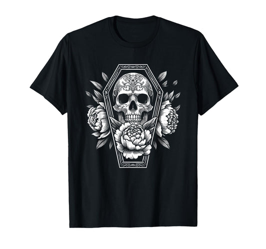 Goth Skull and Roses in Coffin Halloween Spooky Occult Pagan T-Shirt