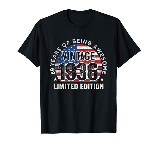 89th Birthday Gifts Men Vintage 1936 89 Years Old USA Flag T-Shirt