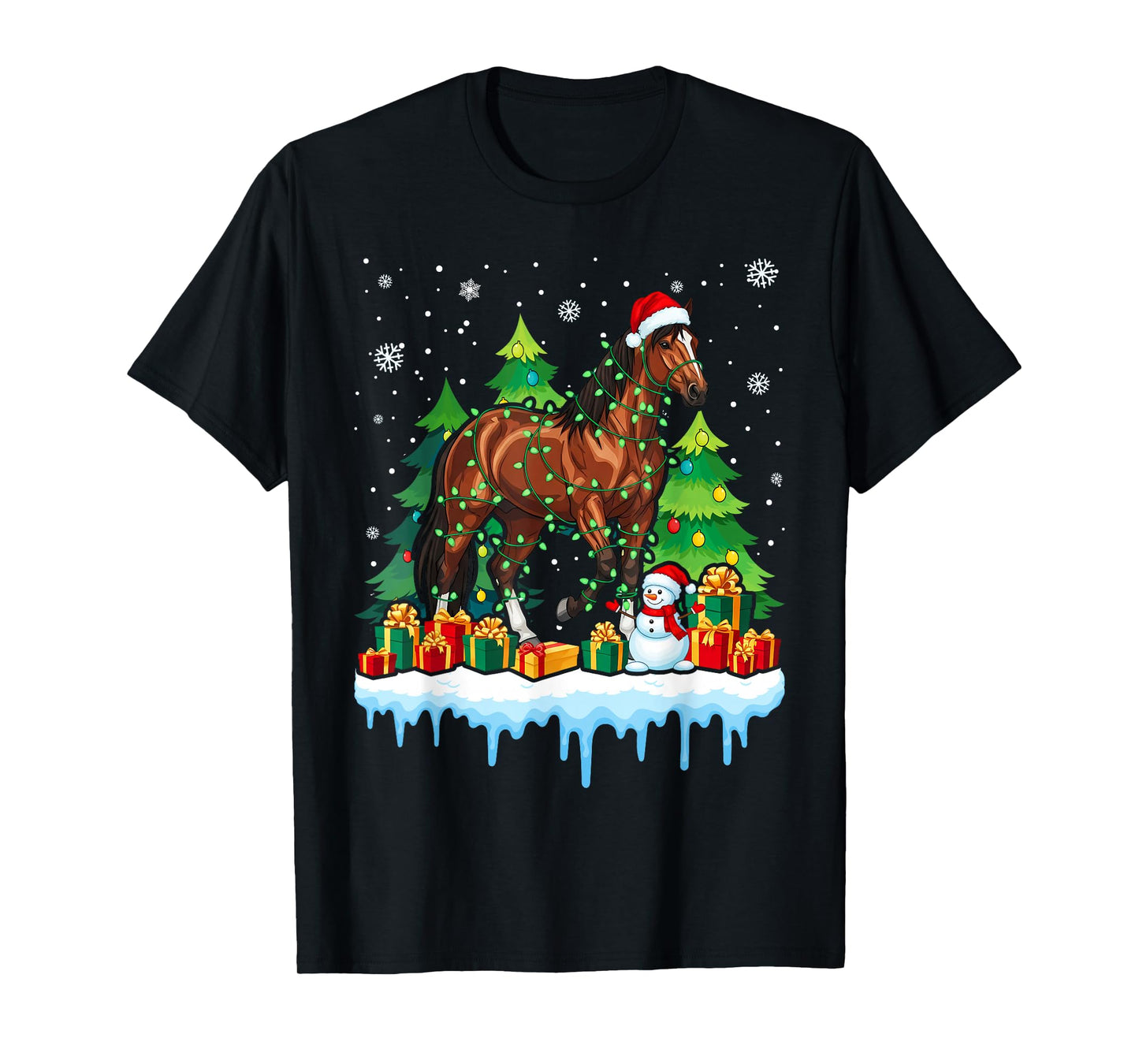 Horse Santa Hat Christmas Lights Riding Funny T-Shirt