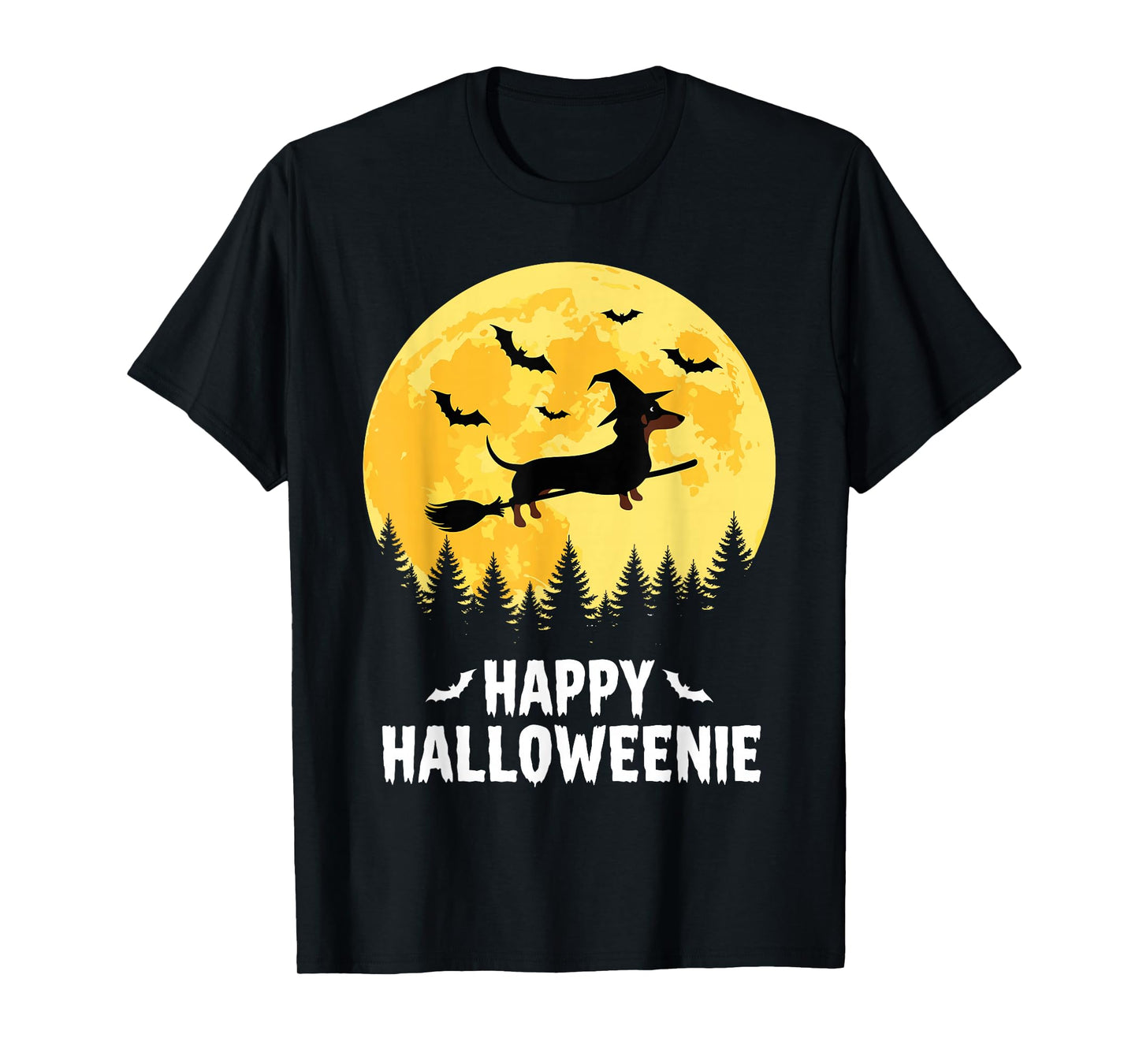 Happy Halloweenie Funny Halloween Dachshund Flying Witch T-Shirt