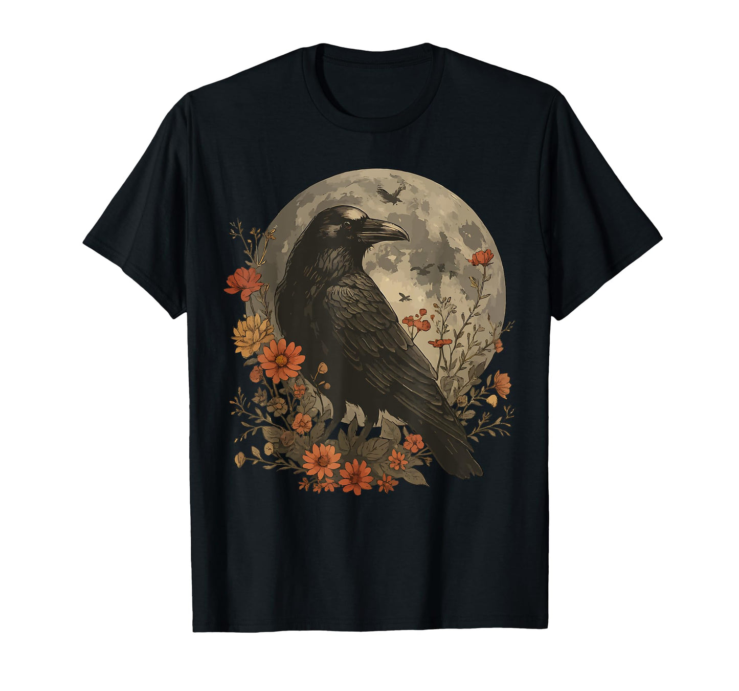 Mystic Raven Full Moon Gothic Crow Bird Floral Dark Nature T-Shirt