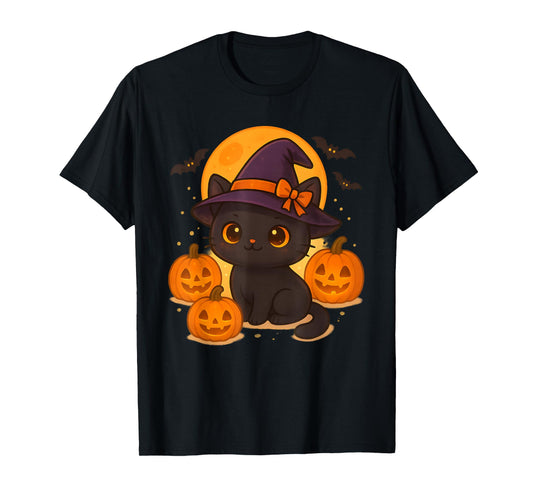 Cute Retro Black Cat Witch Pumpkin Halloween Costume T-Shirt