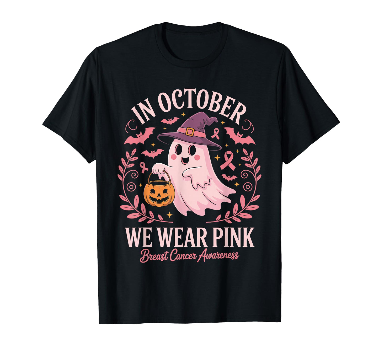 in October We Wear Pink Breast Cancer Awareness Ghost T-Shirt