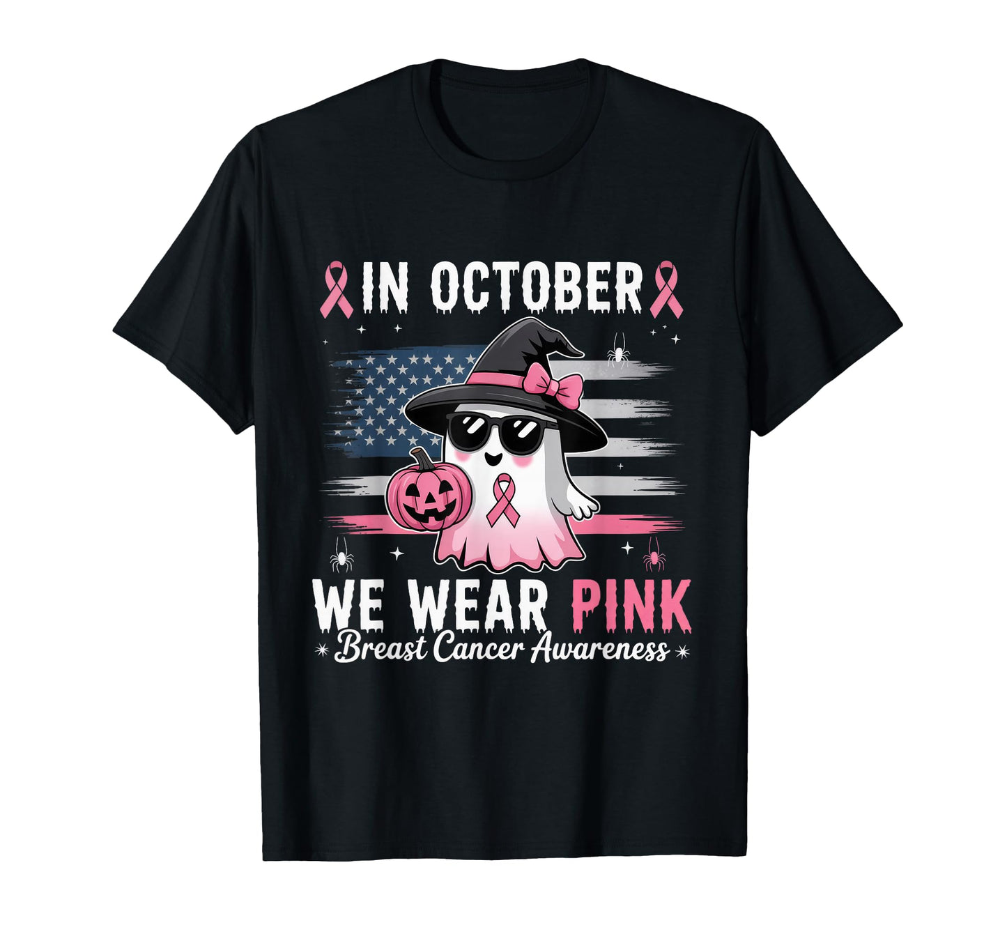 in October We Wear Pink Ghost Witch Breast Cancer Awareness T-Shirt