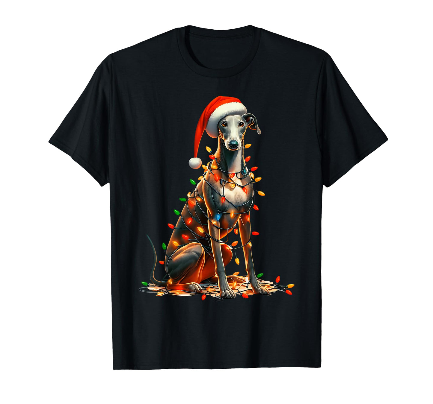 Greyhound Dog Christmas Lights Santa Hat Dog Lover T-Shirt