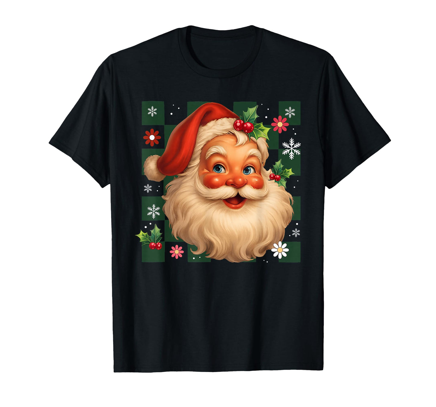 Retro Checkered Santa Claus Vintage Christmas Holiday Season T-Shirt