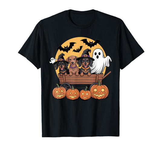 Dachshund Halloween Wagon Witch Hats Ghost Bats Pumpkins T-Shirt
