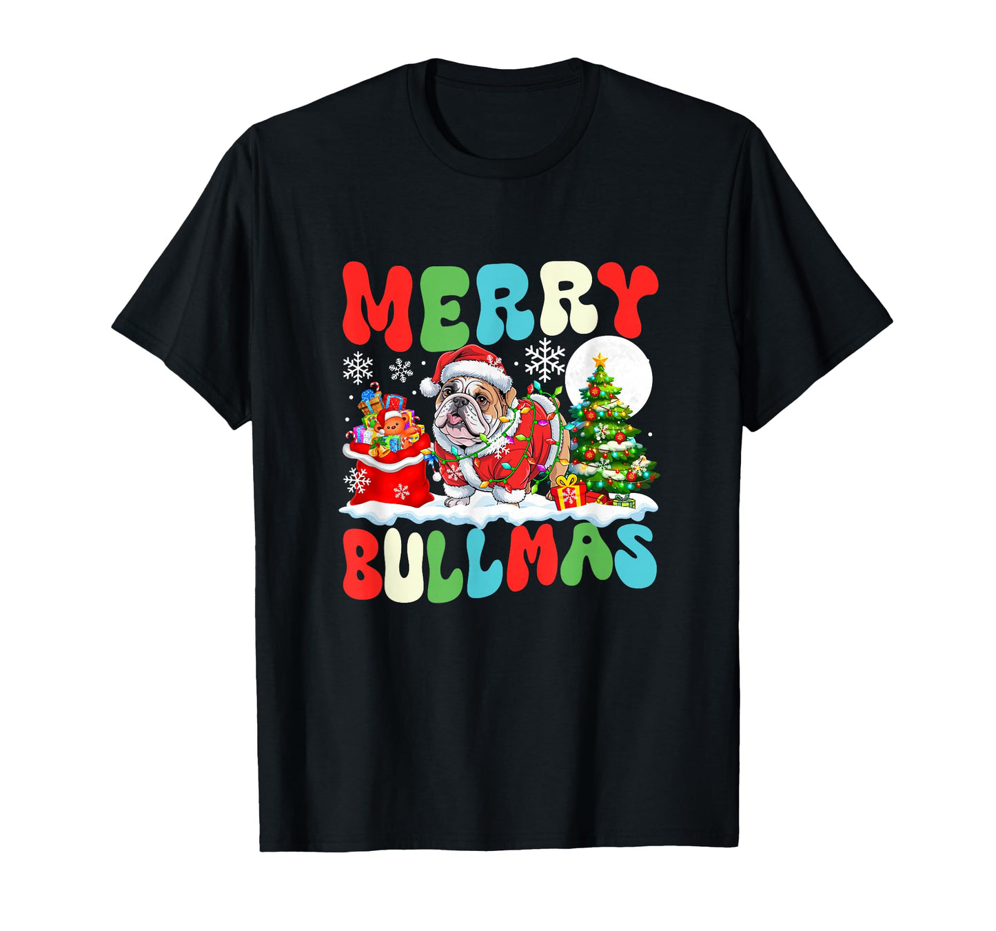 Merry Bullmas Christmas Santa Bulldog Colorful Costume Owner T-Shirt