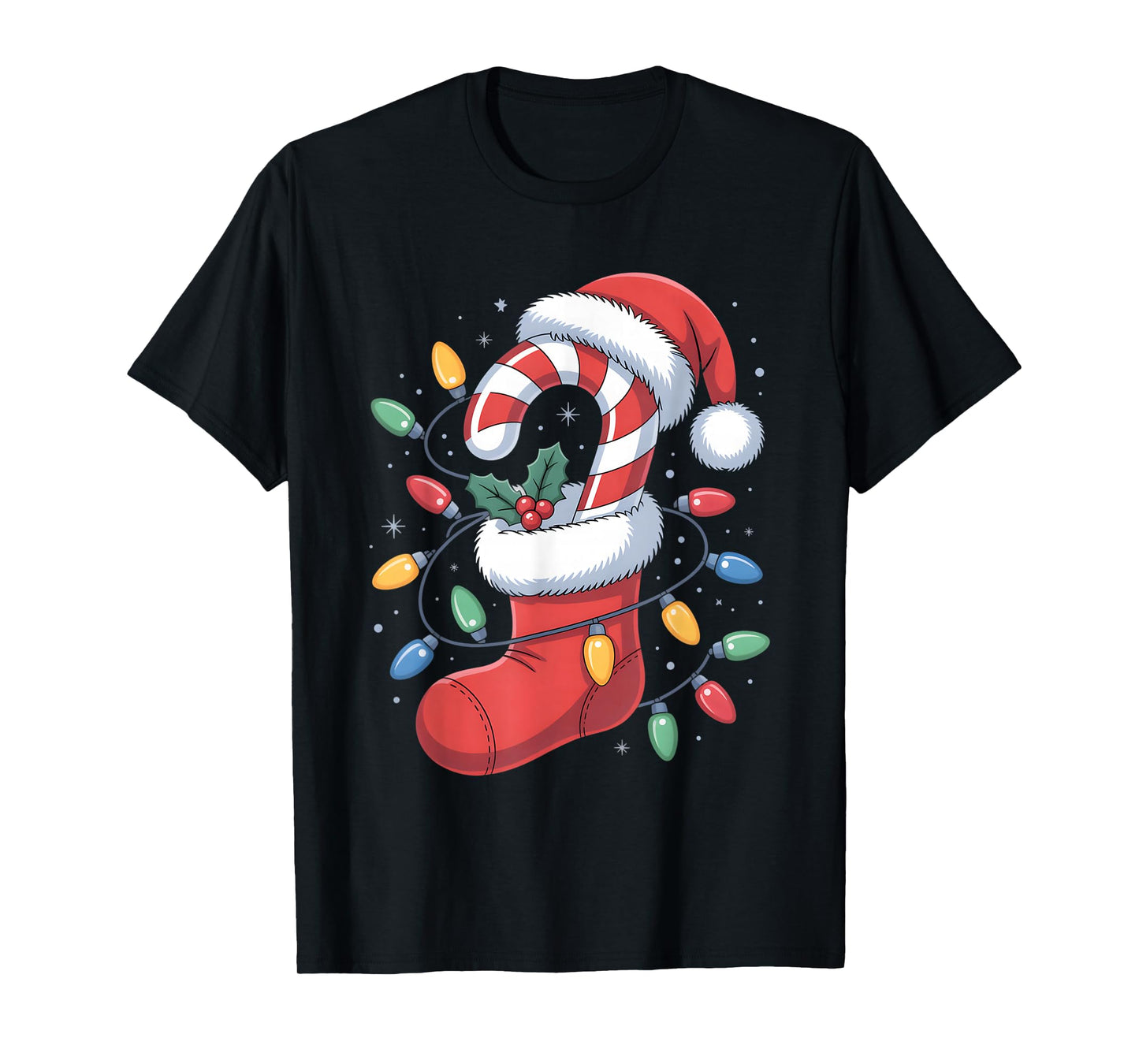 Christmas Stocking Candy Cane Santa Lights Women Men Kids T-Shirt
