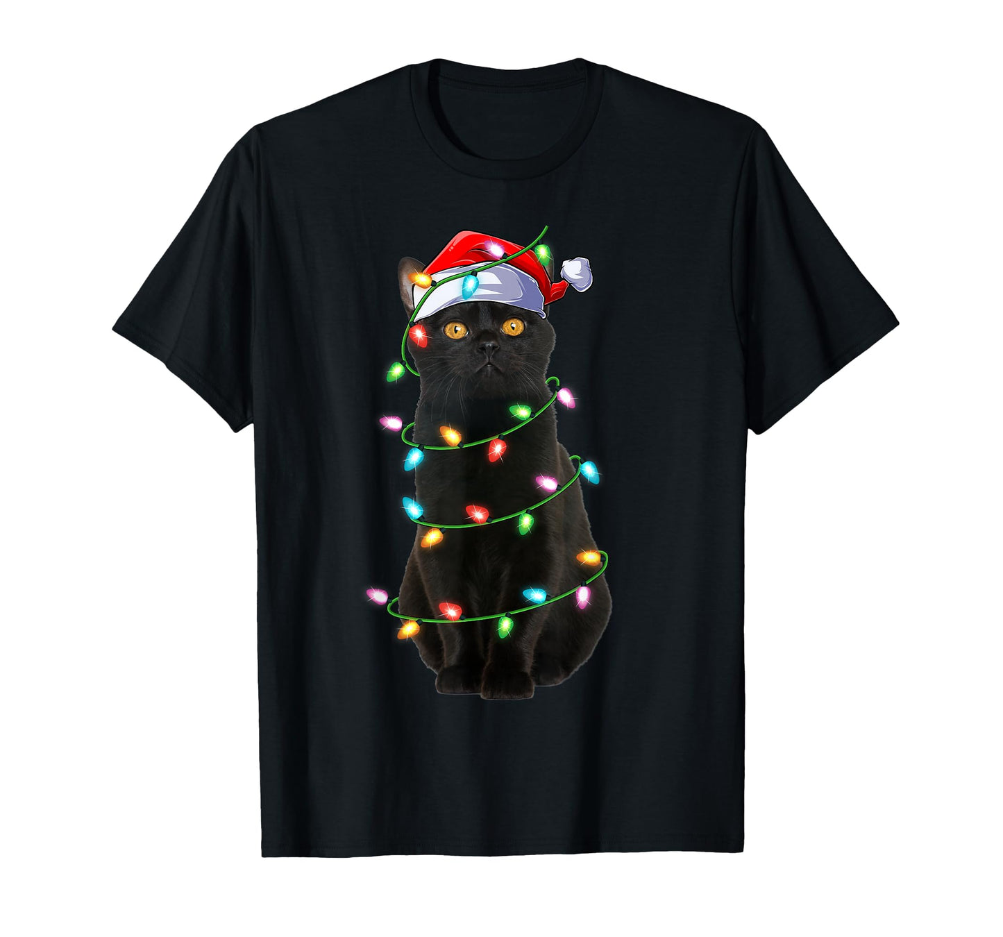 Black Cat Christmas Lights Funny Santa Hat Cat Xmas T-Shirt