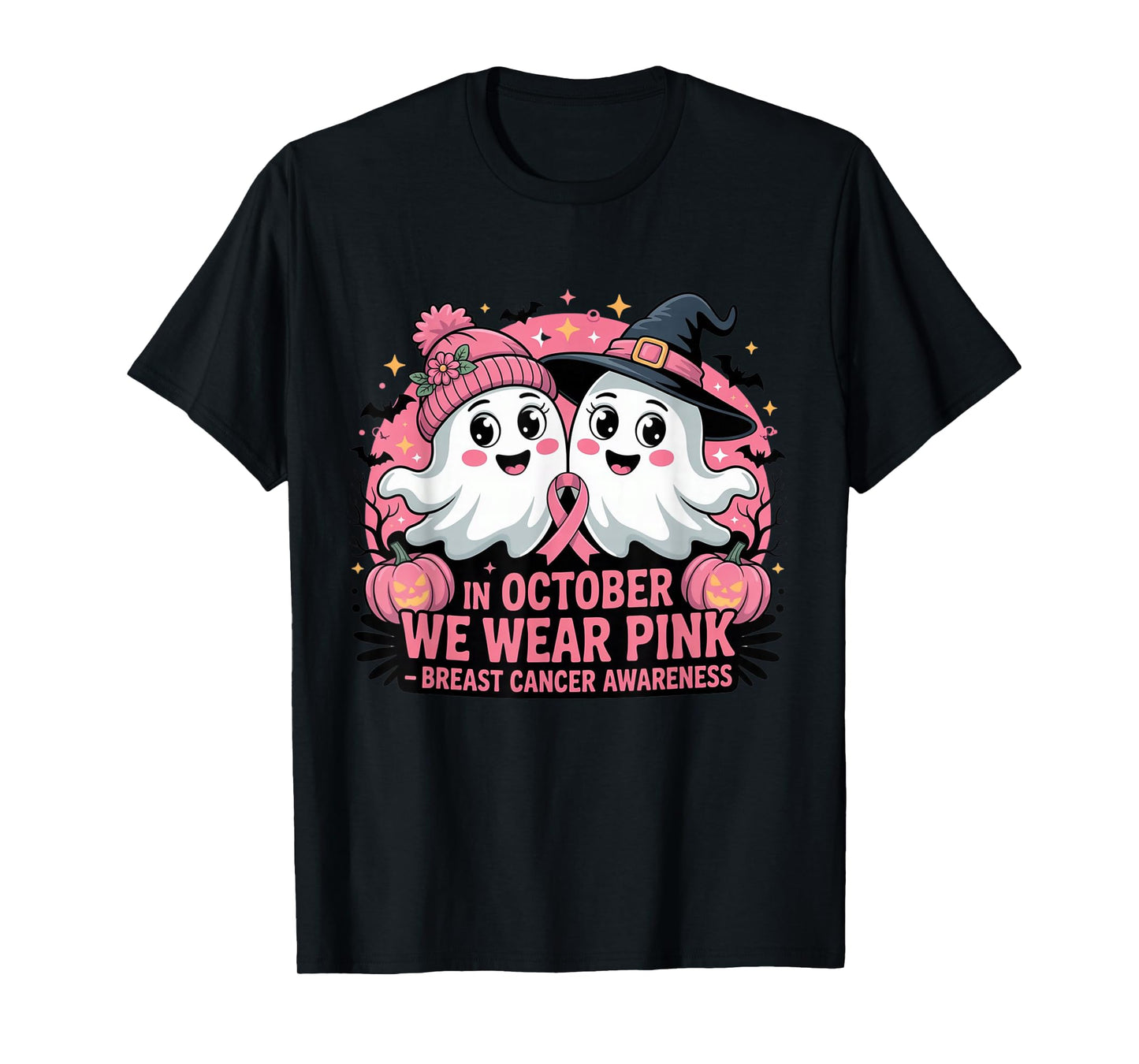 Support Squad We Wear Pink Ghost Witch October Breast Cancer T-Shirt