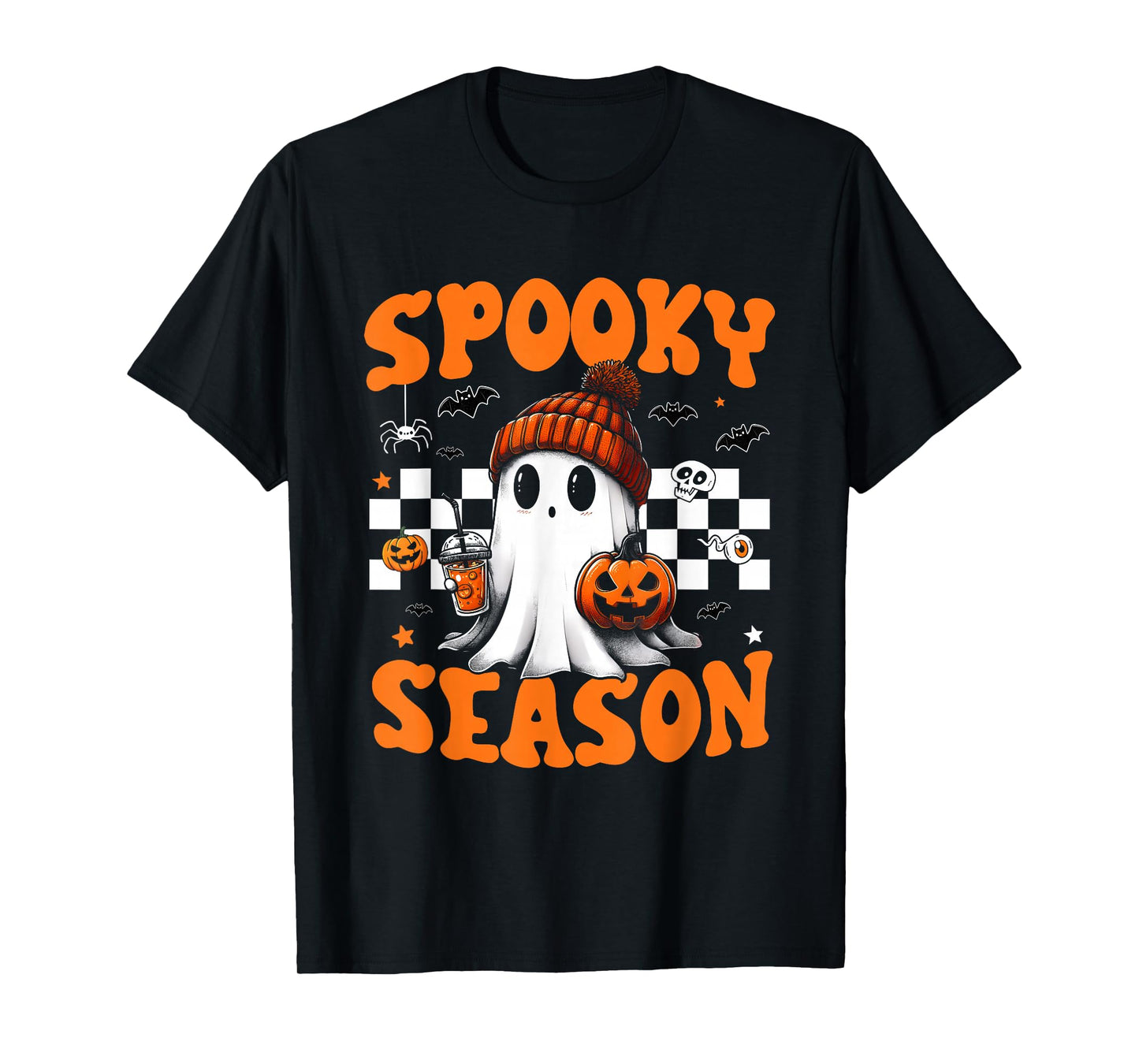 Groovy Spooky Season Retro Ghost Holding Pumpkin Halloween T-Shirt