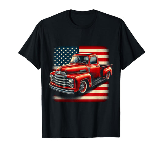 Classic Old Pickup Truck 4th of July Patriotic American Flag T-Shirt