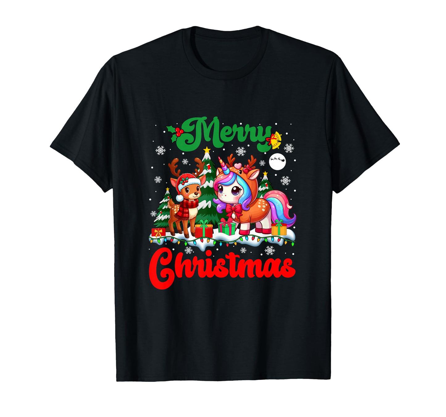 Merry Christmas Reindeer Unicorn Colorful Lights Xmas Tree T-Shirt