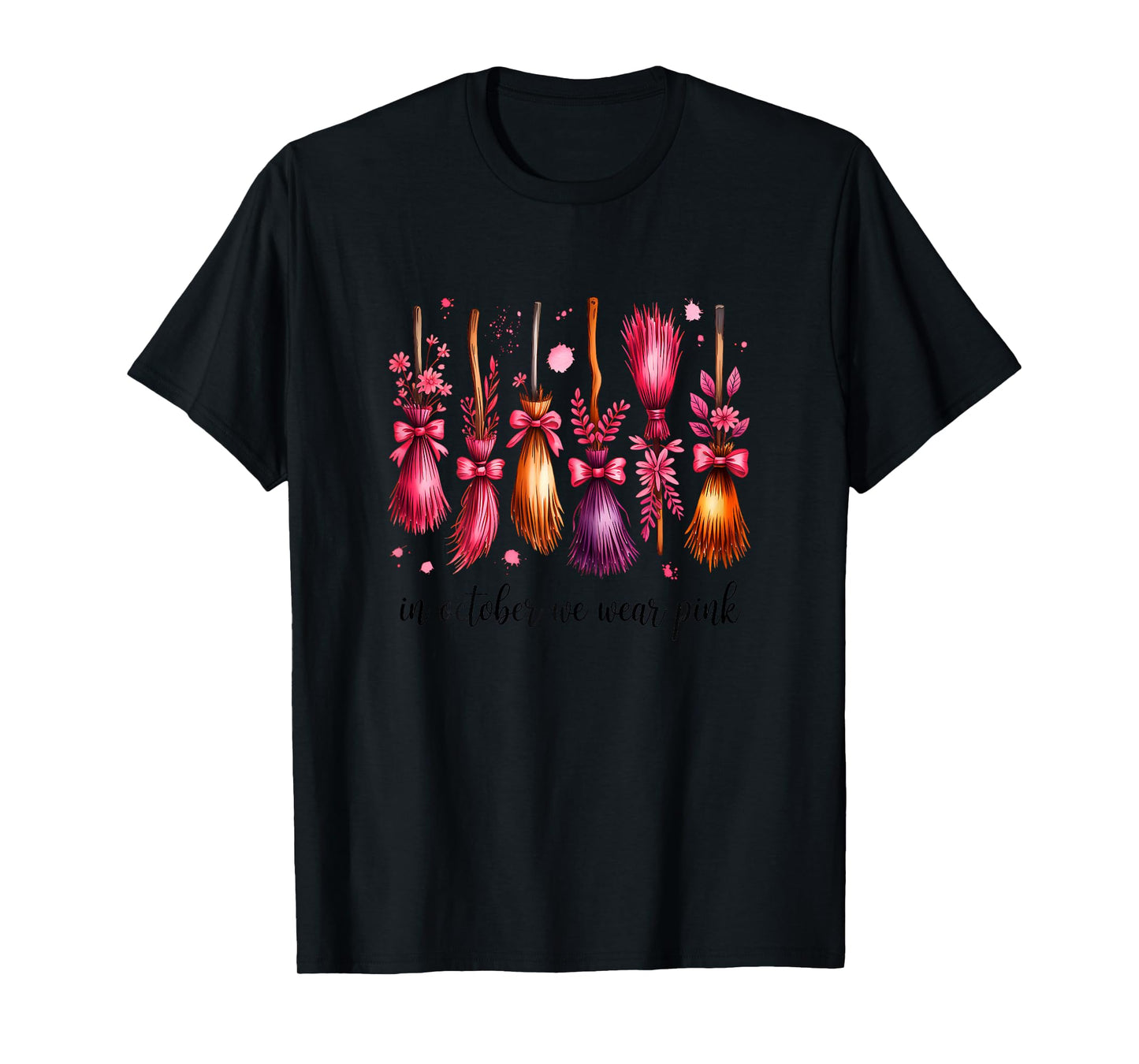 in October We Wear Pink Witches Brooms Spooky Breast Cancer T-Shirt