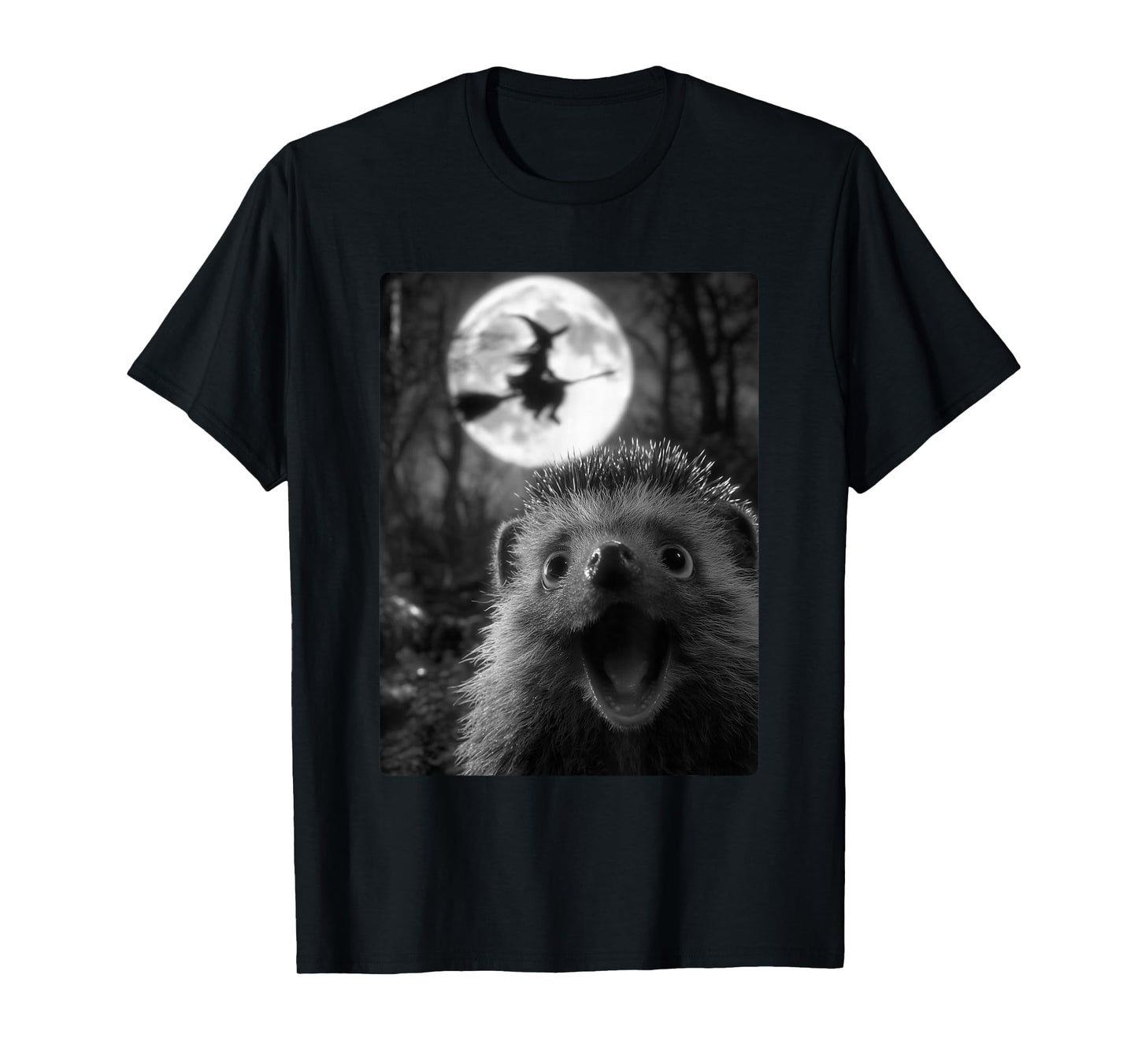 Funny Hedgehog Selfie with Full Moon Flying Witch Halloween T-Shirt