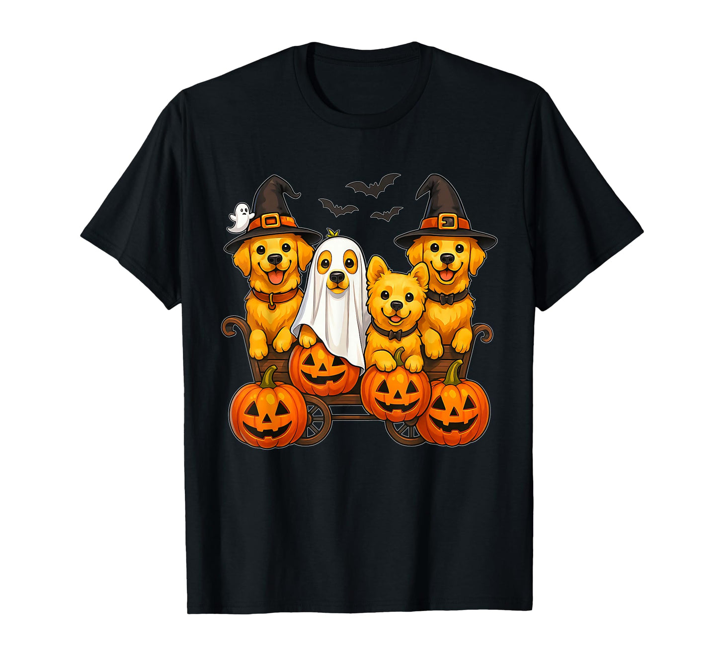 Halloween Retriever Dogs Ghost Witch Pumpkins Wooden Wagon T-Shirt
