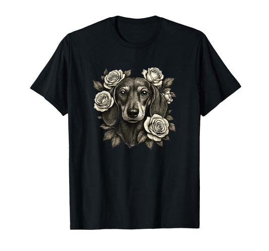 Dachshund Vintage Roses Retro Tattoo T-Shirt
