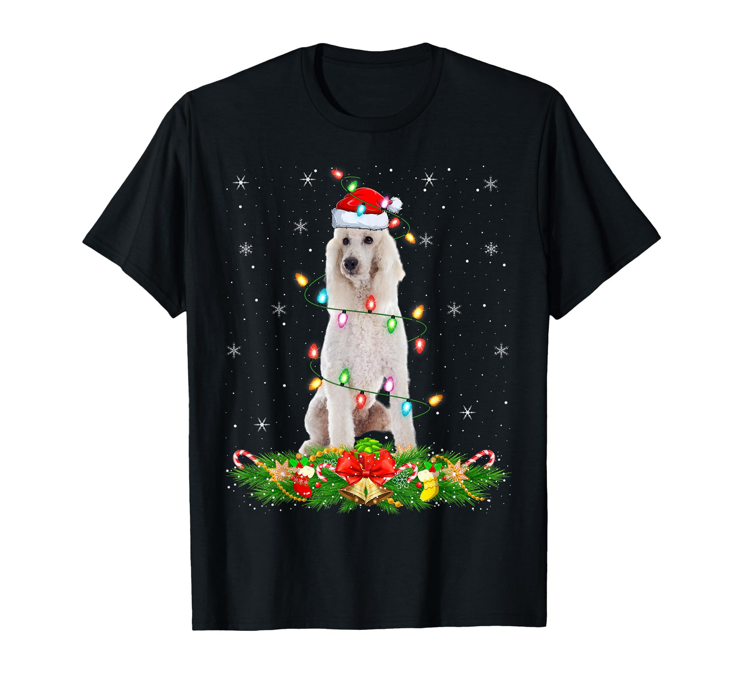 Standard Poodle Dog Christmas Lights Funny Santa Hat Xmas T-Shirt