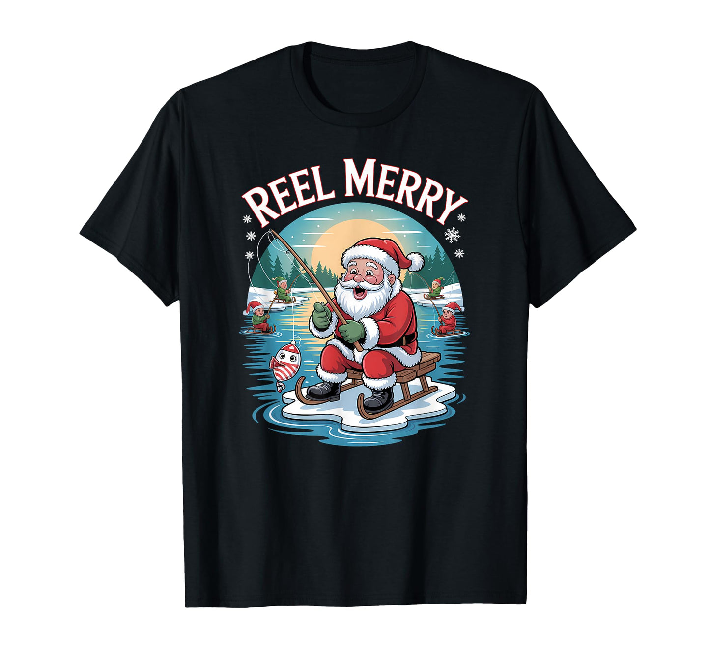 Reel Merry Funny Christmas Fishing Santa Holiday T-Shirt