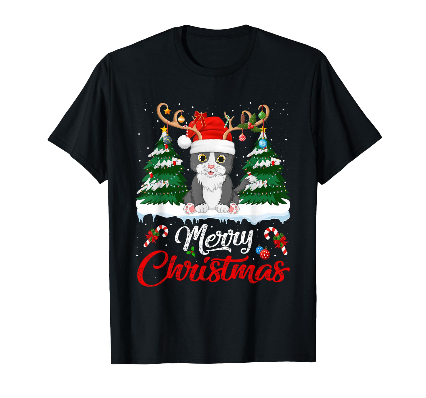Cat Christmas Tree Lights Reindeer Santa Hat Funny Cat Xmas T-Shirt