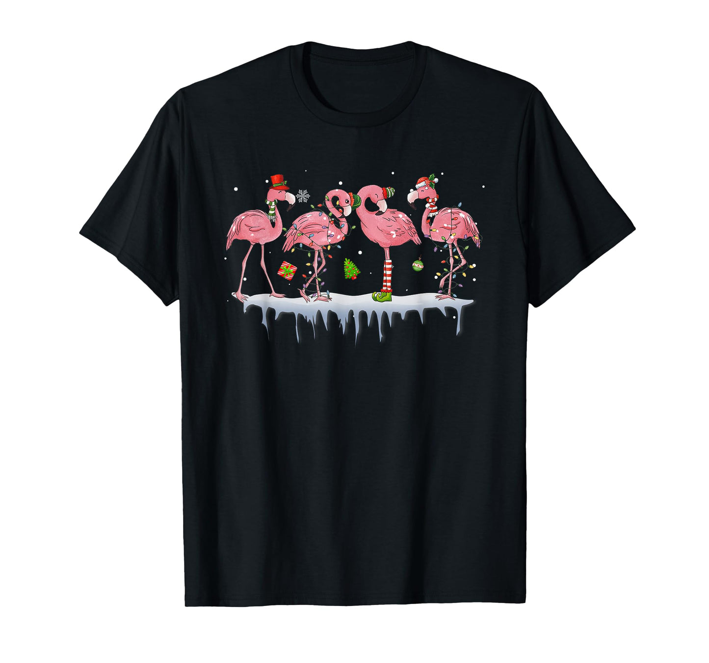 Pink Flamingo Hat Santa Merry Christmas Lights Womens Girls T-Shirt