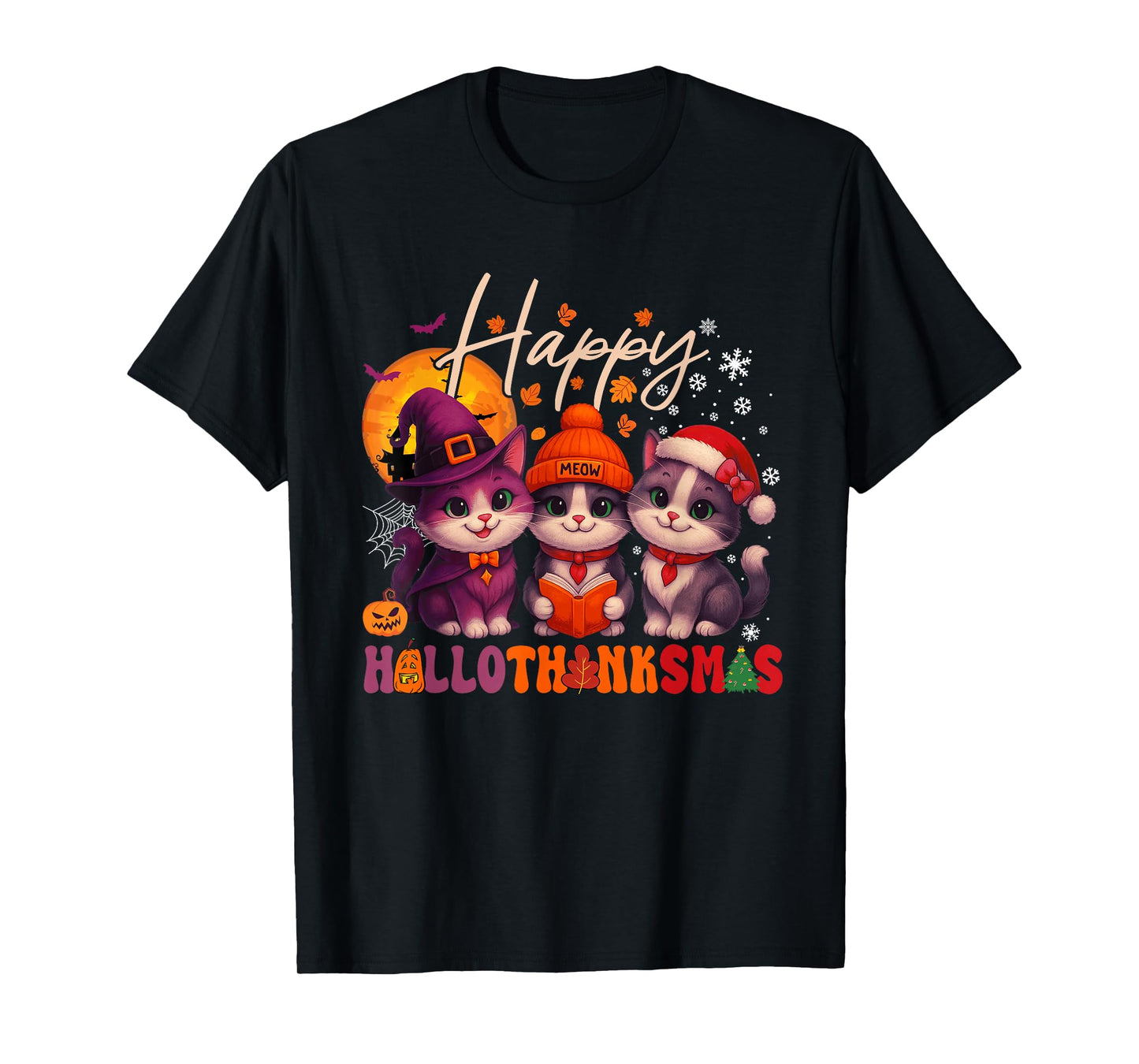 Happy HalloThanksMas Cats Halloween Thanksgiving Christmas T-Shirt