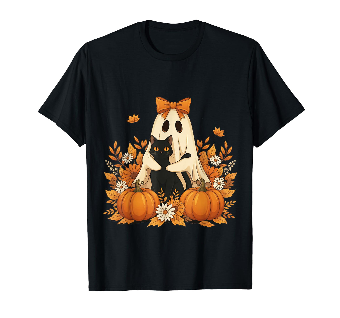 Vintage Halloween Ghost Holding Black Cat Groovy Floral T-Shirt