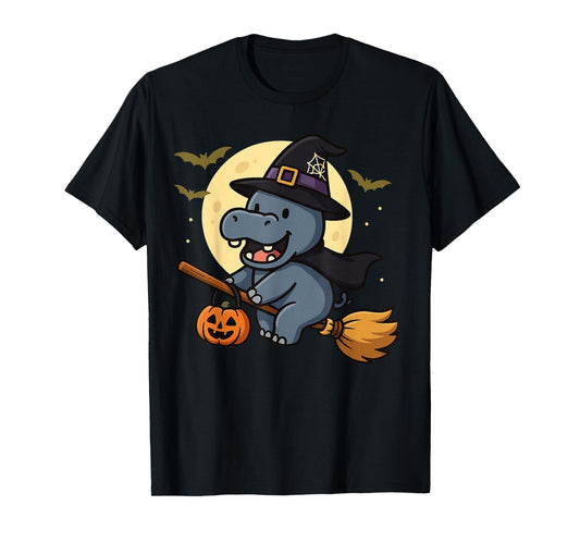 Cute Witch Hippo Halloween Outfit with Broom and Moon T-Shirt