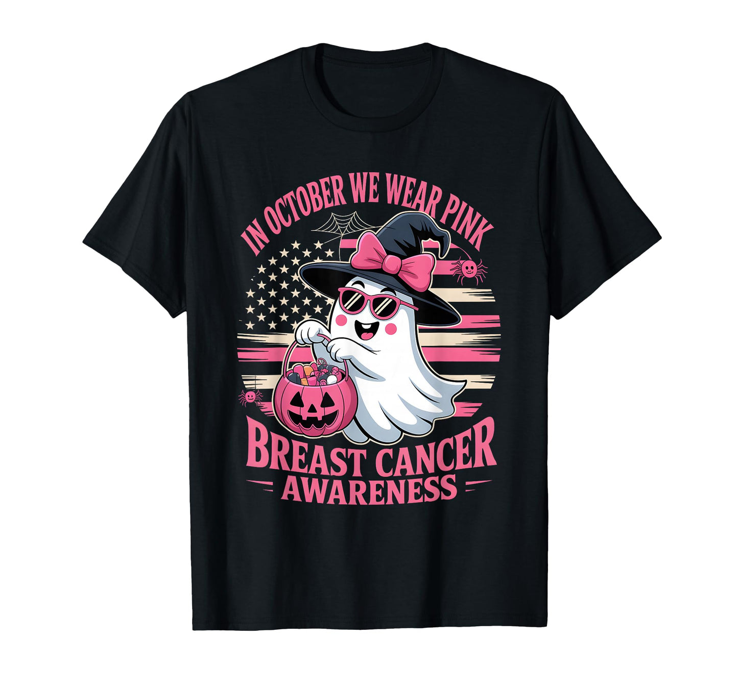 in October We Wear Pink Ghost Witch Breast Cancer Awareness T-Shirt