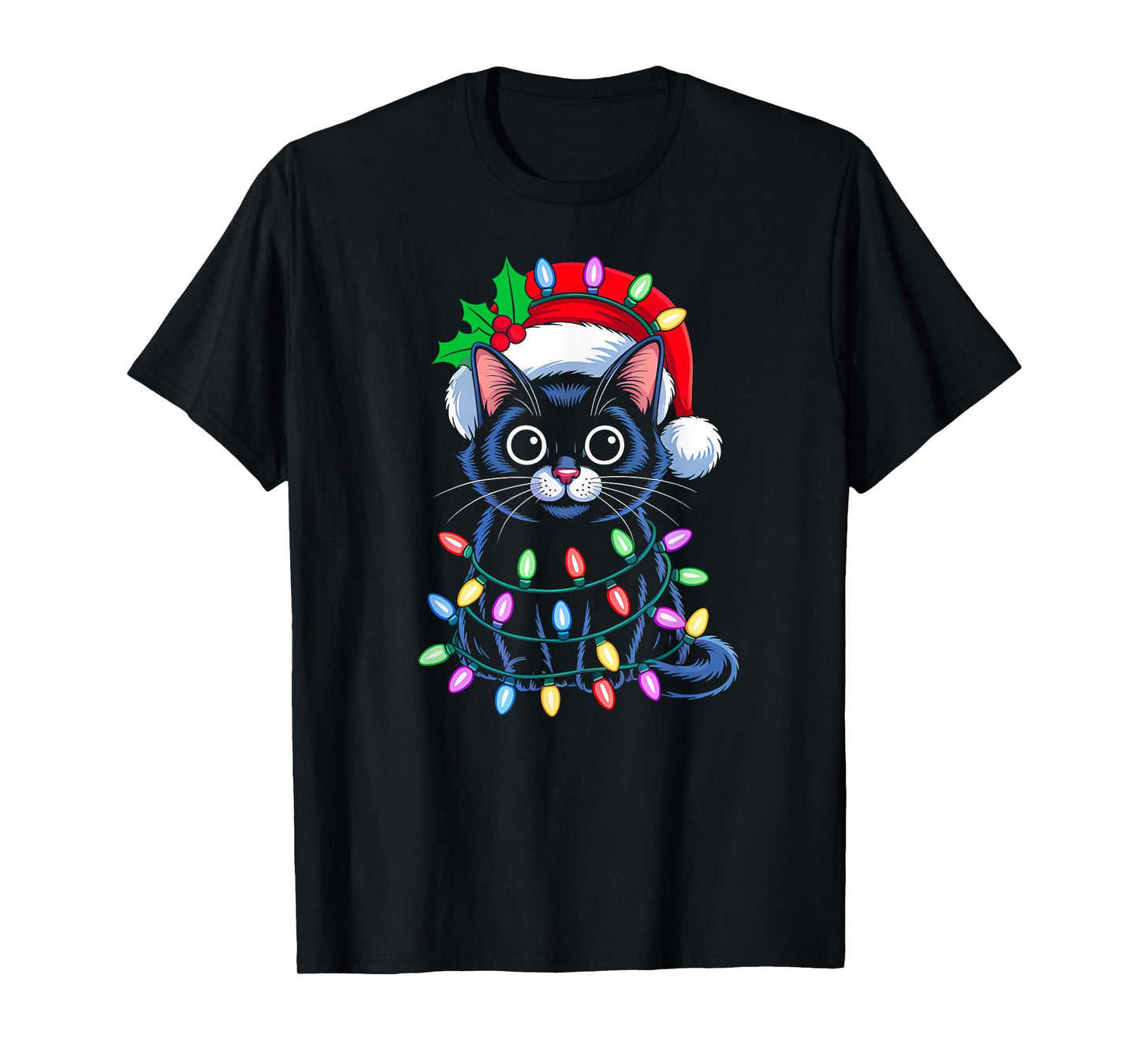 Black Cat Christmas Lights Red Santa Hat Christmas Cat Lover T-Shirt