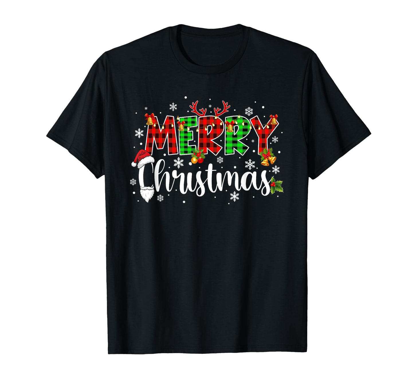 Merry Christmas Lights Santa Hat Plaid Red White Green Xmas T-Shirt