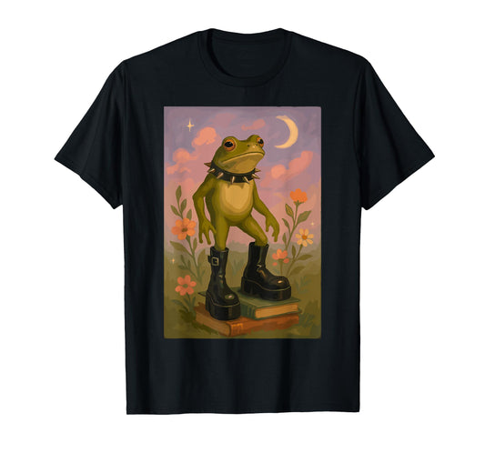 Fairycore Gothic Frog in Boots Whimsical Art Style T-Shirt